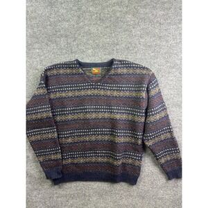Alps V-Neck Sweater Mens Large Blue Fair Isle 100% British Wool Vintage USA Made